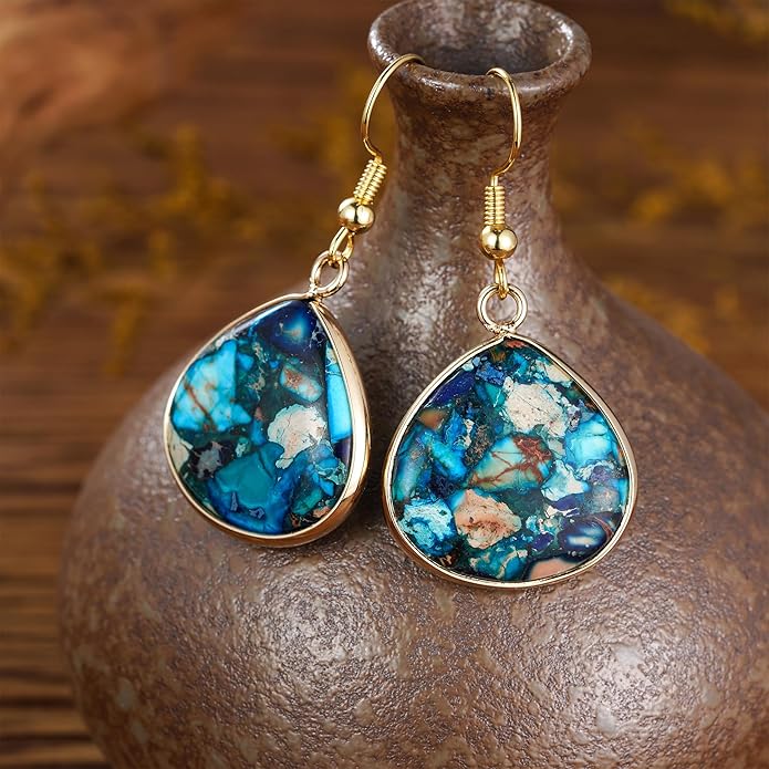 Boho Women Natural Stone Earrings Unique Healing Imperial Jasper Gemstone Energy Hypoallergenic Lightweight Dangle Drop Earrings Multiple Styles Earrings Jewelry for Birthday Party Gift