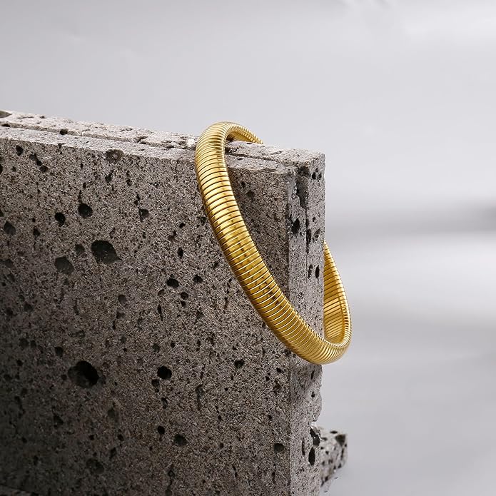 Gold Bangle Bracelets For Women Non Tarnish 14k Gold Plated Stackable Chunky Gold Bracelet Set Stretch Trendy Elastic Snake Chain Bracelet