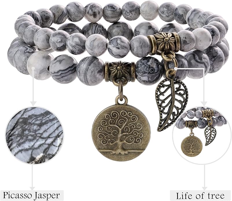 Bivei Natural Semi Precious Gemstone beads bracelet for women - Life Tree and Leaf Charm Energy Reiki Crystal Stretch Bracelets