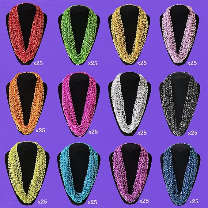 300 Pack 31.5 Inch 7mm Mardi Gras Beaded Necklaces, 12 Colors Mardi Gras Necklaces For Mardi Gras Festival Decoration, Parade, Costume Party