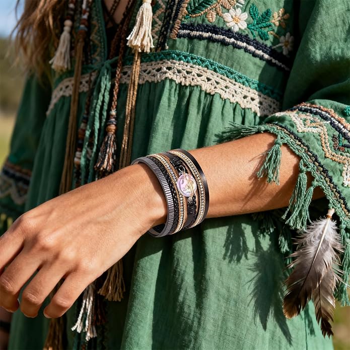 Wrapped Bracelets for Women,Leather Bracelet,Boho Bracelets for Women,Multi-Layer Pearl Crystal Bracelet Bangle Jewelry