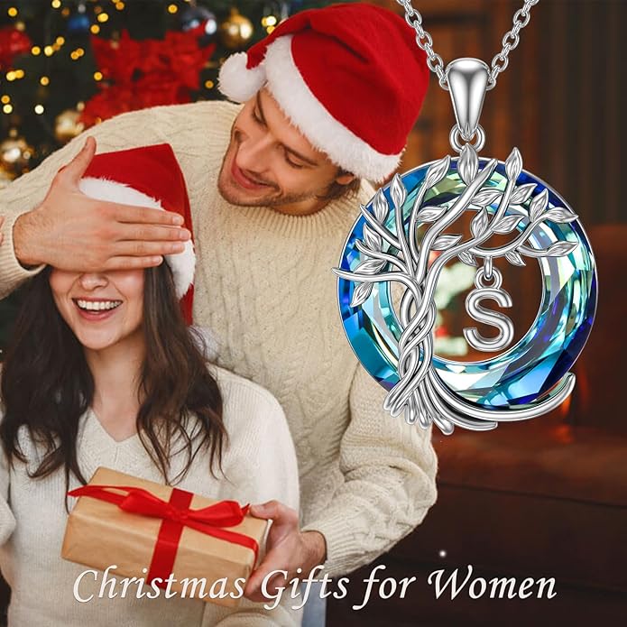 TOUPOP Gifts for Women Tree of Life Necklace 925 Sterling Silver Initial Pendant Family Tree Crystal Jewelry Valentine's Day Birthday Gifts for Her Mom Wife Girlfriend Daughter