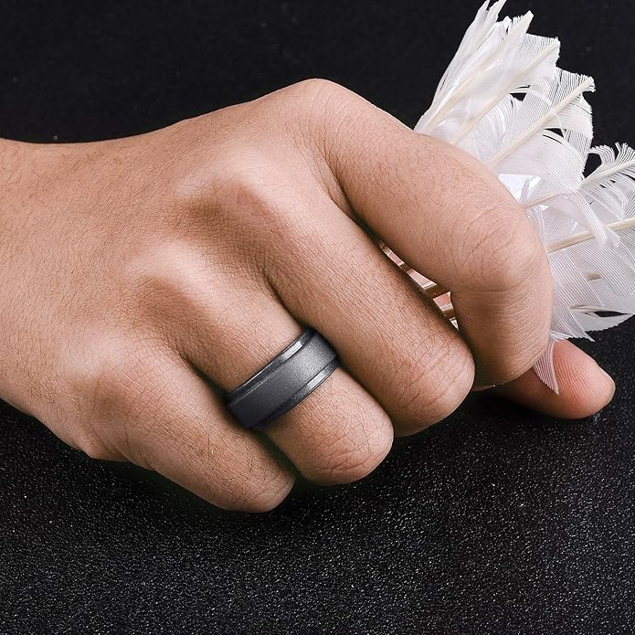Egnaro Men's Rings 8.5mm Wide-2mm Thick Inner Arc Ergonomic Breathable Rubber Wedding bands-Hypoallergenic for Gym/Outdoor/Gift((1-7 Variety Pack with Half Size)