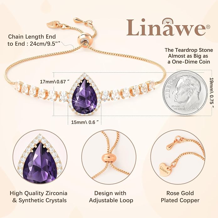 Linawe Crystal Imitation Diamond Rhinestone Charm Bracelets for Women, Gold/Silver/Rose Gold Adjustable Chain Bracelet, Teardrop Birthstone Cubic Zirconia Prom Costume Wedding Jewelry