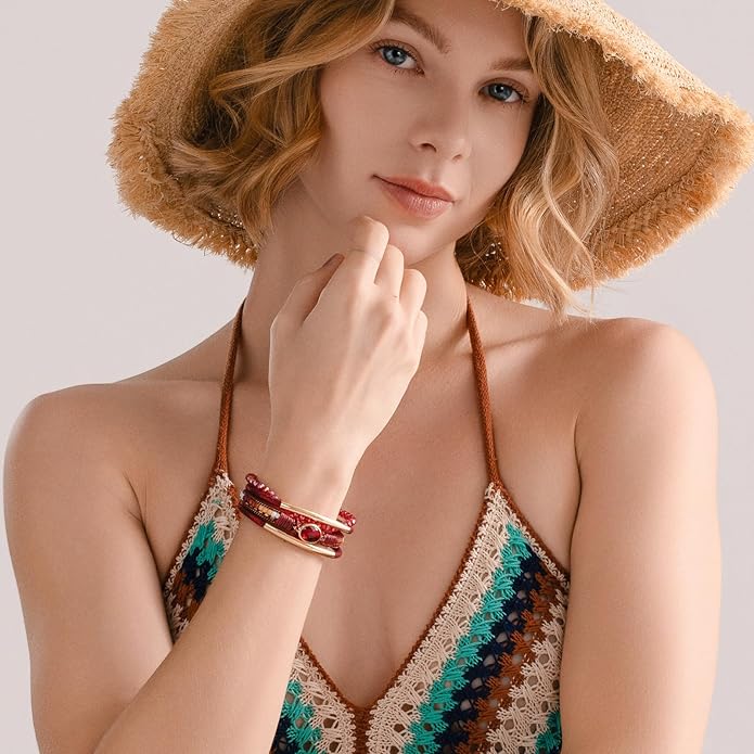 FANCY SHINY Leather Wrap Bracelets Crystal Beads Bracelet Boho Cuff Stone Charm Bracelets with Clasp Costume Jewelry for Women