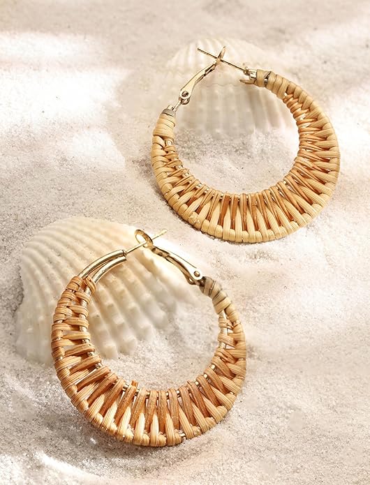 MINACHI Boho Handwoven Rattan Hoop Earrings, Bohemian Summer Beach Statement Jewelry Gift for Women (2)