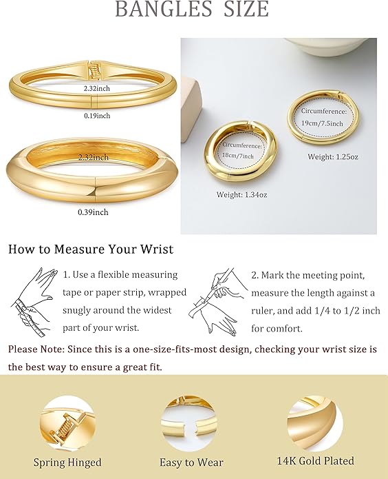 2pcs Gold Bangle Bracelets for Women, Trendy Hinged Cuff Open Wide Chunky Gold Bracelet Stack Arm Cuff Jewelry for Women