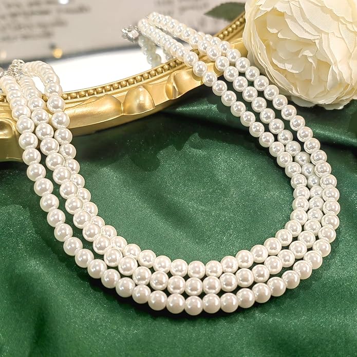 Zeffy Pearl Necklace 4MM/6MM/8MM Dainty Round Imitation Pearl Choker Necklace Wedding Pearl Necklace Delicate Jewelry for Women Simple Bridesmaid Jewelry Gifts