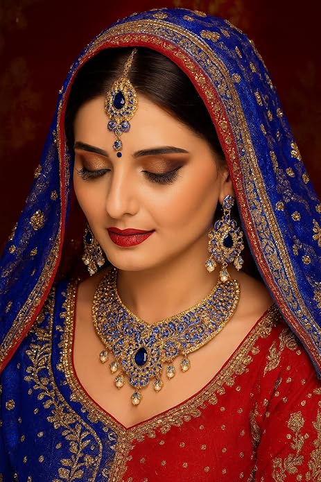 Touchstone Indian jewelry sets for women tikka wedding necklace costume guest statement bollywood rhinestones crystal faux pearls gold big royal neck piece set bridal fashion accessories