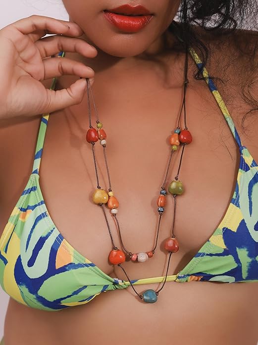 MINACHI Hippie Boho Double Layered Colorful Ceramic Heart Round Bead Necklace, Bohemian Jewelry Gifts for Women
