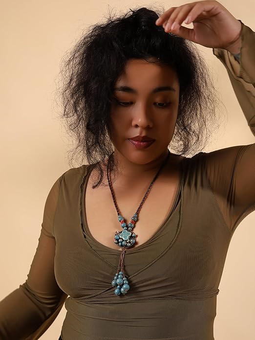 MINACHI Hippie Boho Colorful Ceramic Bead Butterfly Charm Pendant Y Necklace, Vintage Bohemian Statement Jewelry Gift for Women