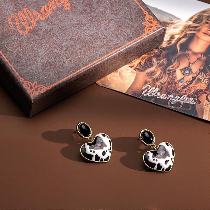 Wrangler Western Heart Drop Dangle Earrings for Women Statement 14k Gold Turquoise Cow Print Cowgirl Trendy Jewelry