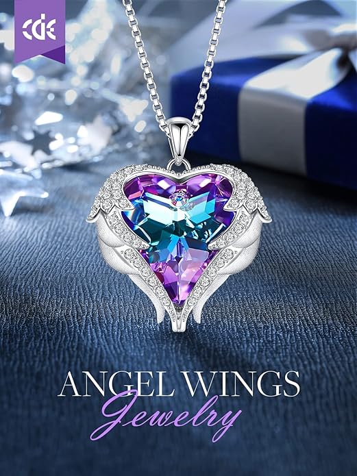 CDE Valentines Day Gifts for Women Angel Wings Necklace for Women with Birthstone, Love Heart Silver Tone/Gold Tone Pendant, Ideal Anniversary or Birthday Jewelry Gifts for Wife Girlfriend Her