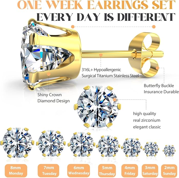 Silver Gold Black Stud Earrings Set 7Pairs Hypoallergenic Cubic Zirconia Titanium Stainless Steel Silver Rose Gold Black CZ Cartilage Stud Earrings Jewelry Sets for Women Men, 2-8mm CZ Stud Earrings