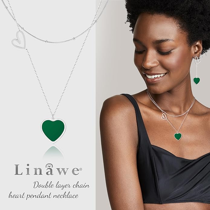 Linawe Layered Choker Heart Pendant Necklace for Women Trendy, Gold/Silver/Rose Gold Chain Stainless Steel Stacked Necklaces, Double Heart Necklace Y2K Preppy Jewelry
