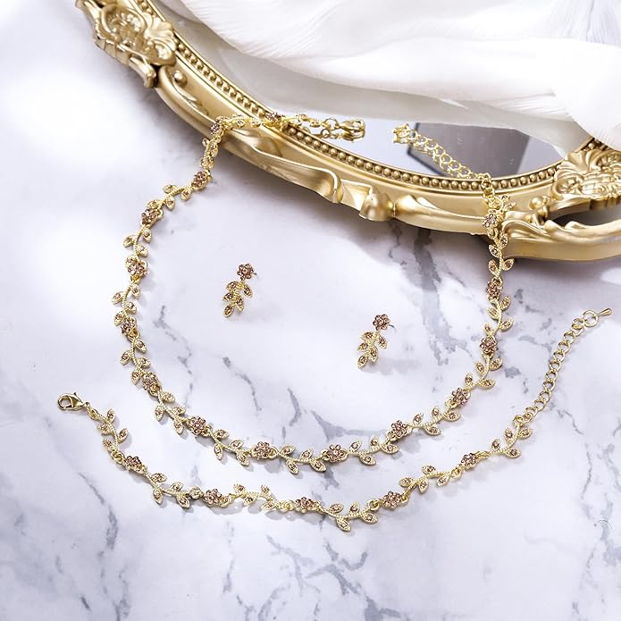 BriLove Wedding Jewelry Set for Women Bride, Gorgeous Stunning Crystal Flower Leaf Cluster Choker Necklace Link Bracelet Stud Earrings Bridal Bridesmaid