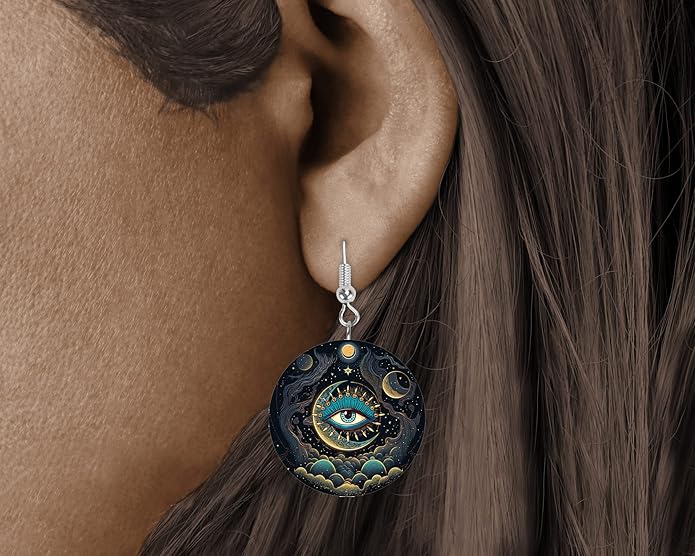 Round Wood Earrings Light Weight Printed Image Dangle Jewelry