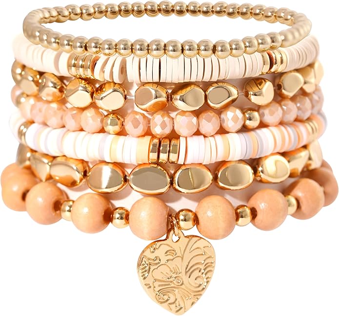 GOOJIDS Surfer Heishi Clay Bead Bracelets for Women Bohemian Stackable Gold Plated Beaded Stretch Bracelets Elastic Layering Friendship Bracelets Set Boho Jewelry