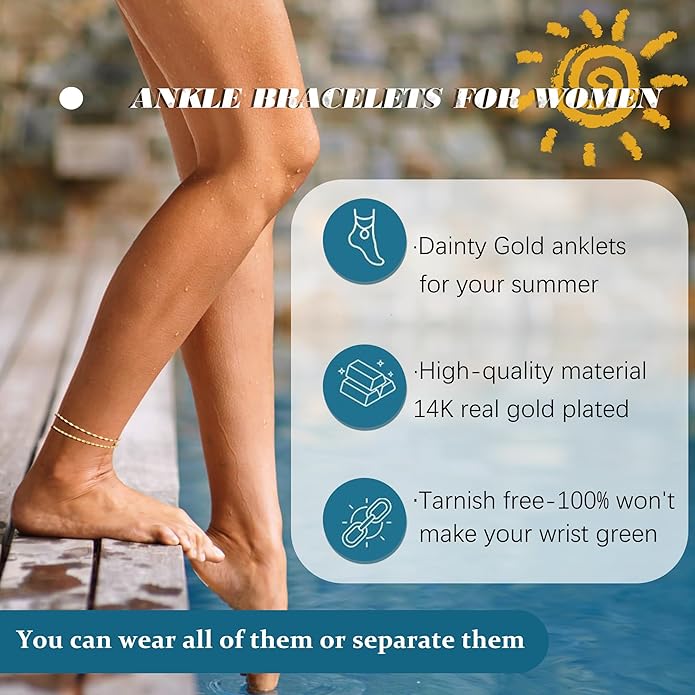 DEARMAY Dainty 14K Gold Plated Ankle Bracelets for Women, Waterproof 14K Gold Plated Link Chain Anklets Non Tarnish Set Pack Summer Beach Jewelry Gift
