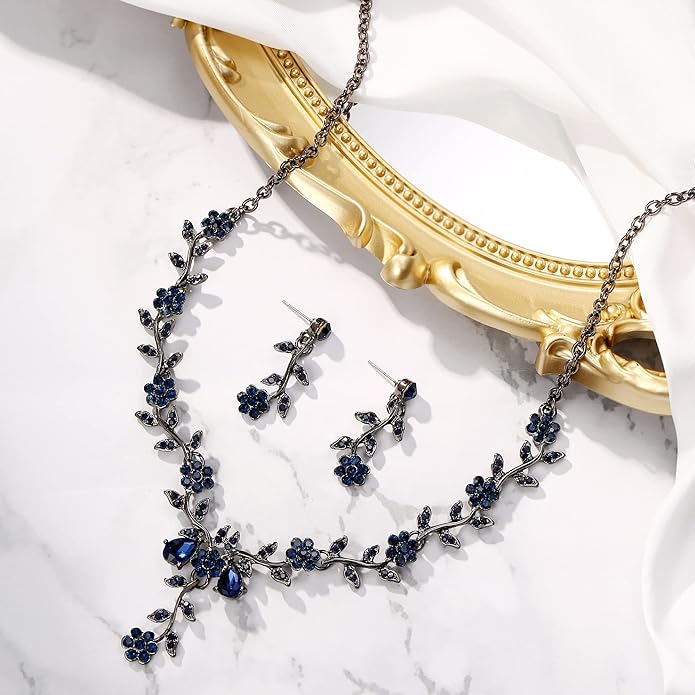 BriLove Women's Wedding Jewelry Leaf Cluster Flower Crystal Dangle Earrings Pendant Necklace Set for Bridal