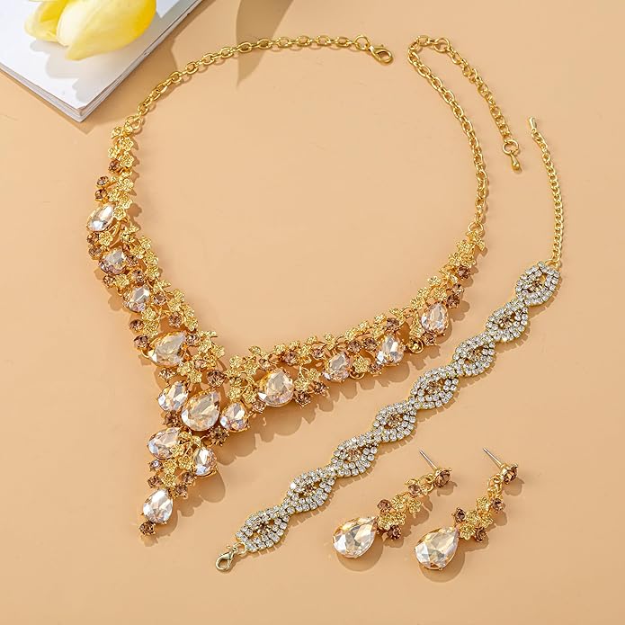 Wedding Bridal Bridesmaid Austrian Crystal Rhinestone Jewelry Sets Statement Choker Necklace Earrings Bracelets Sets for Wedding Party Prom