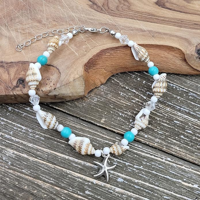 BESHEEK Blue Turquoise Conch Shell and Silver-Color Starfish Artisan Beaded Anklet with Extension | Adjustable Handmade Hypoallergenic Beach Tropical Style Jewelry
