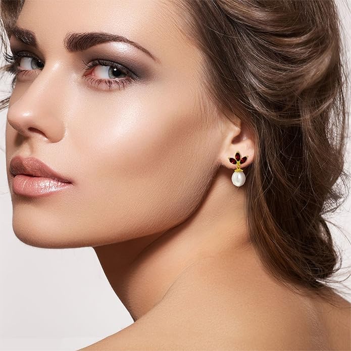 9.5 Carat 14k Solid Yellow Gold Freshwater Pearl Stud Dangle Women Earrings with Natural Garnets