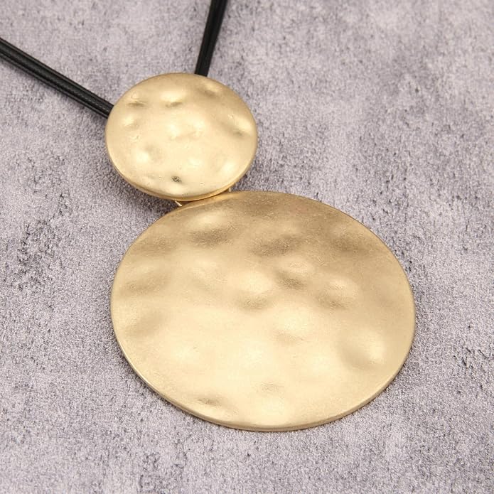 GelConnie Leather Necklace for Women Large Pendant Long Brown Necklace Circle Leather Choker Vintage Sweater Necklace Gold Chunky Boho Necklaces for Women