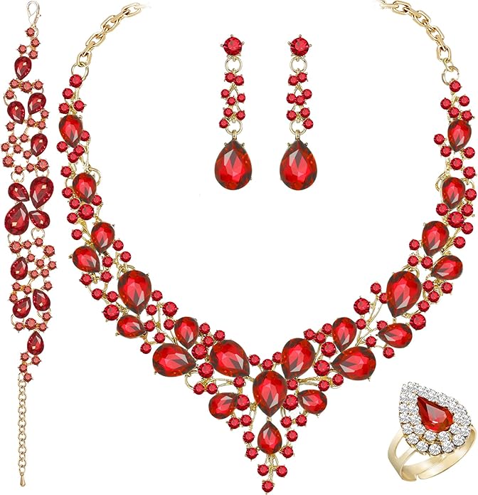 Crystal Bridal Wedding Jewelry Sets for Women Rhinestone Teardrop Crystal Statement Choker Necklace Drop Earrings Link Bracelets Rings Teardrop Jewelry Set for Brides Bridesmaids