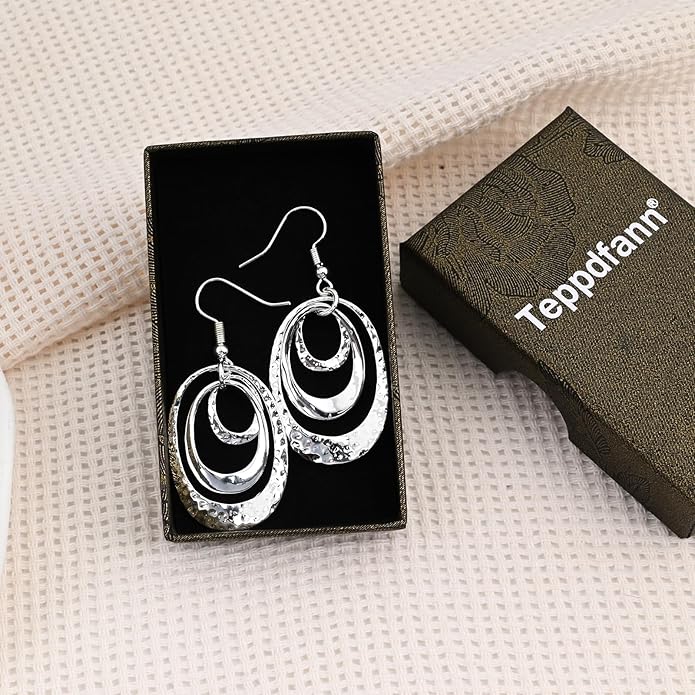Boho Three Oval Drop Dangle Earrings Silver Earrings for Women Trendy Two Tone Bohemian Jewelry for Thanksgiving and Christmas Gifts