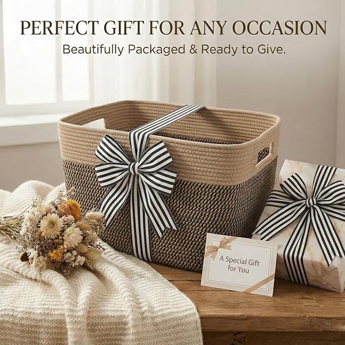 JMvicyroam 65L Large Woven Cotton Rope Blanket Basket, Jute&Black | Blanket - Image 7