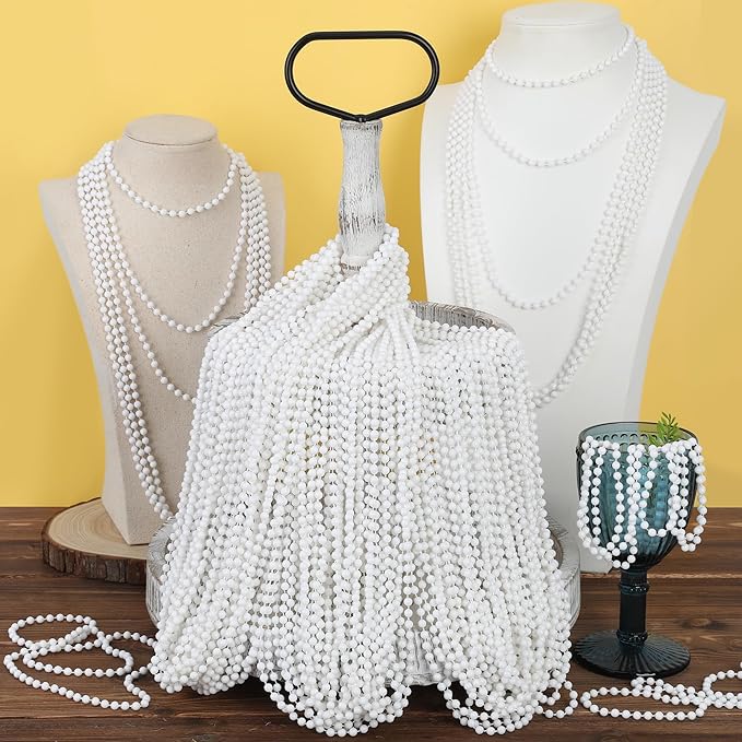 240PCS White Beads Necklace, Mardi Gras Beads Stuff Accessories, 33" 6mm Round Holiday Necklace Decorations Bulk, White Bead for Wedding Birthday School Celebrations Parade Throws