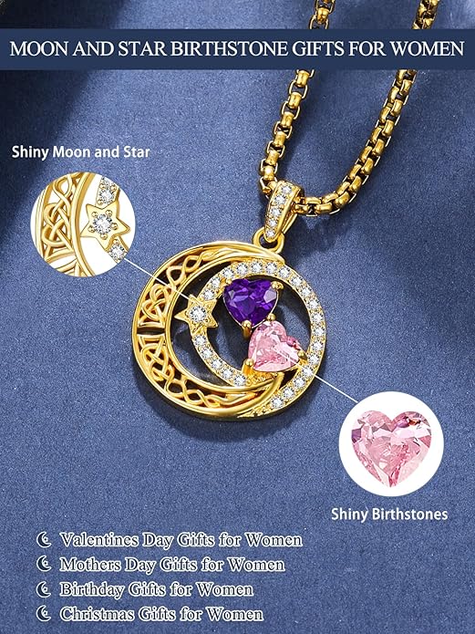 14K Gold Moon and Star Necklace Gifts for Women - Double Heart Birthstone Necklace, Valentines Wedding Anniversary Birthday Gifts for Her Wife Mom Daughter Grandma Sister