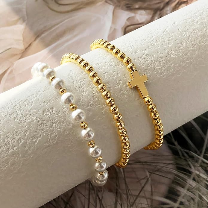 Zeffy Gold Pearl Beaded Bracelet for Women, 14K Gold Plated Jewelry Set With Paperclip Link Chain, Trendy Stack Bracelets