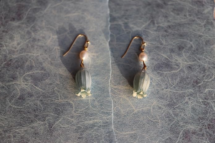 All natural delicate Campanula flowers paired with pearl drop earrings are handmade and unique，Vintage-Style Pearl Drop Earrings, Blue Glass Bell Flower Design, Gold-Tone Hooks，Real Preserved Bellflower & Freshwater Drop Earrings | Handmade Hypoallerge...
