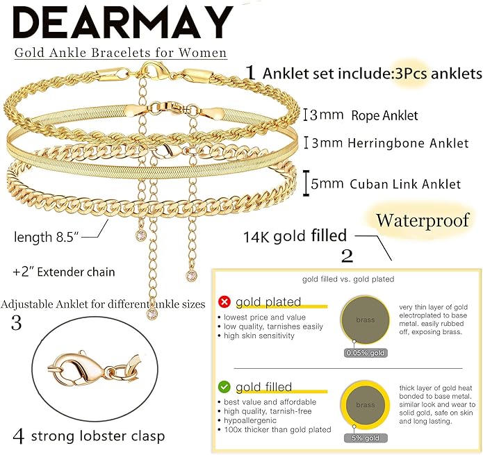 DEARMAY Dainty 14K Gold Plated Ankle Bracelets for Women, Waterproof 14K Gold Plated Link Chain Anklets Non Tarnish Set Pack Summer Beach Jewelry Gift