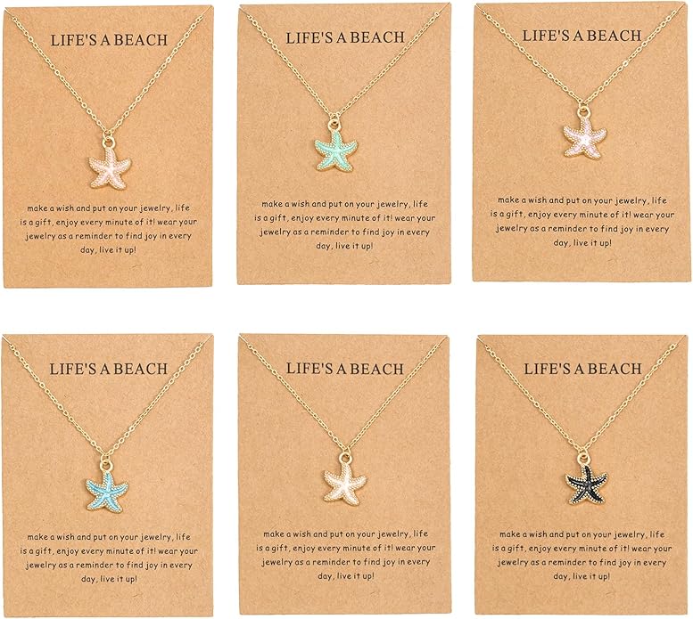 6Pcs Gold Beach Starfish Necklace Set for Women Cute Beachy Hawaii Star Fish Bulk Necklaces Pack Trendy Hawaiian Friendship Matching Jewelry Accessories