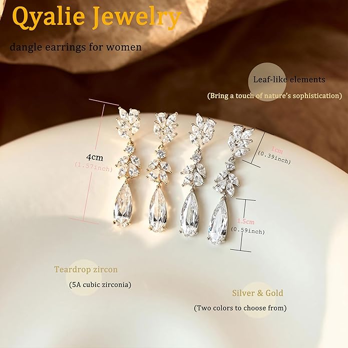 Dangle Drop Earrings for Women Wedding Bridal Rhinestone Long Cubic Zircon Dangling Crystal Chandelier Sparkly 14K Gold Plated Dainty Trendy Jewelry
