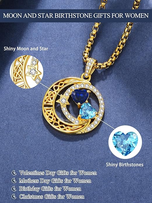 14K Gold Moon and Star Necklace Gifts for Women - Double Heart Birthstone Necklace, Valentines Wedding Anniversary Birthday Gifts for Her Wife Mom Daughter Grandma Sister