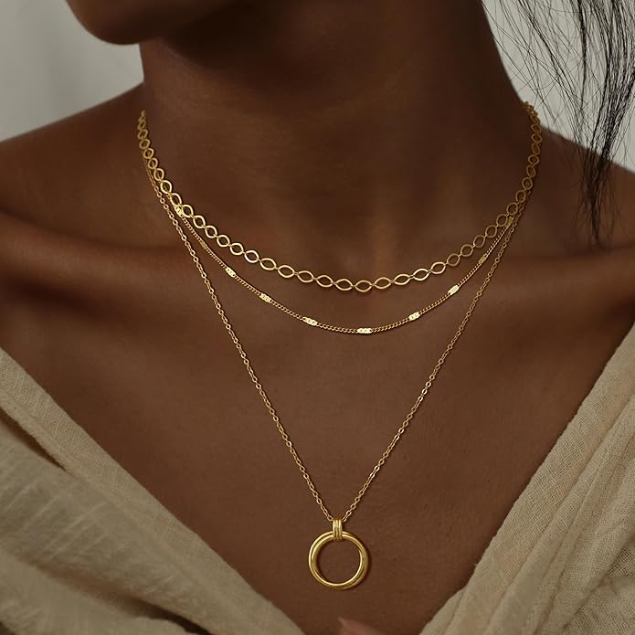 NECOCY Valentine's Day Gift 14k Gold/Silver Plated Layered Gold Necklaces for Women, 3Pcs Dainty Herringbone Choker Set, Trendy Stack Simple Chain Layering Pendant Jewelry