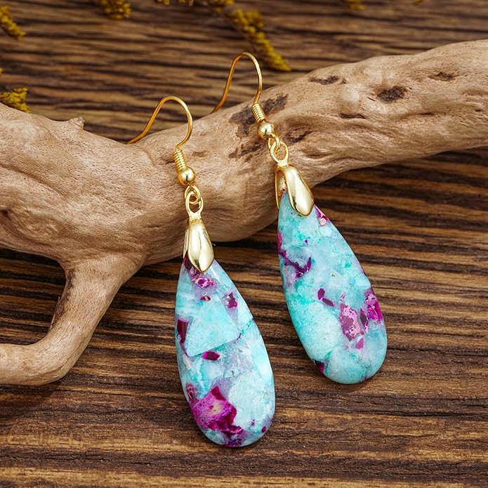 Boho Women Natural Stone Earrings Unique Healing Imperial Jasper Gemstone Energy Hypoallergenic Lightweight Dangle Drop Earrings Multiple Styles Earrings Jewelry for Birthday Party Gift