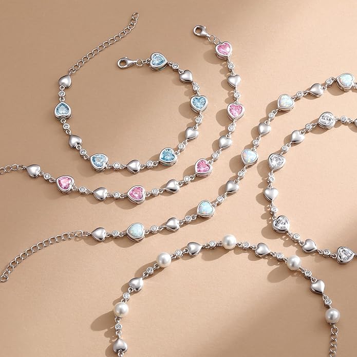 Carleen Birthstone Bracelets for Women 925 Sterling Silver Five Heart Station Created Gemstone Tennis Bracelet Jewelry Anniversary Birthday for Wife, 7"+1.2" Extender