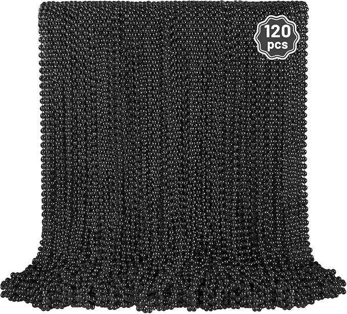 YAXINRUI 120 PCS Black Bead Necklaces, Black Mardi Gras Beads, Halloween Beads Necklaces, New Year Eve Necklace, 33 Inch Black Beaded Necklace for Mardi Gras Christmas Halloween Festive Events
