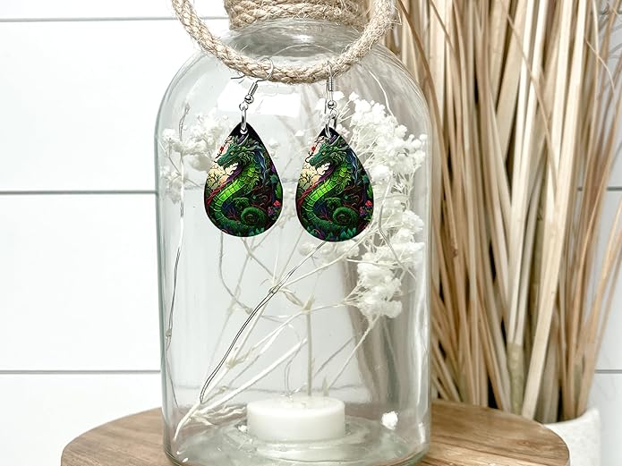 Teardrop Wood Earrings Light Weight Printed Image Dangle Jewelry, Fun and Funky