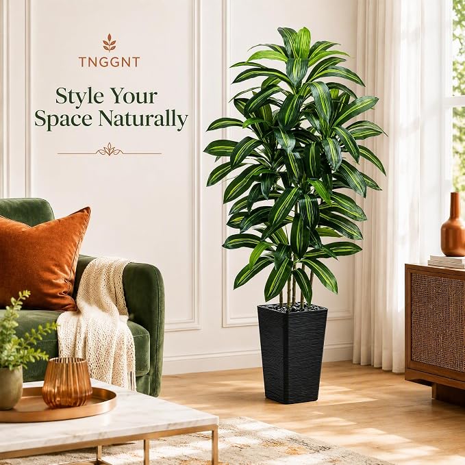 Artificial Dracaena Tree: 5FT Fake Plants Silk Faux Trees（Black Pot） | - Image 2