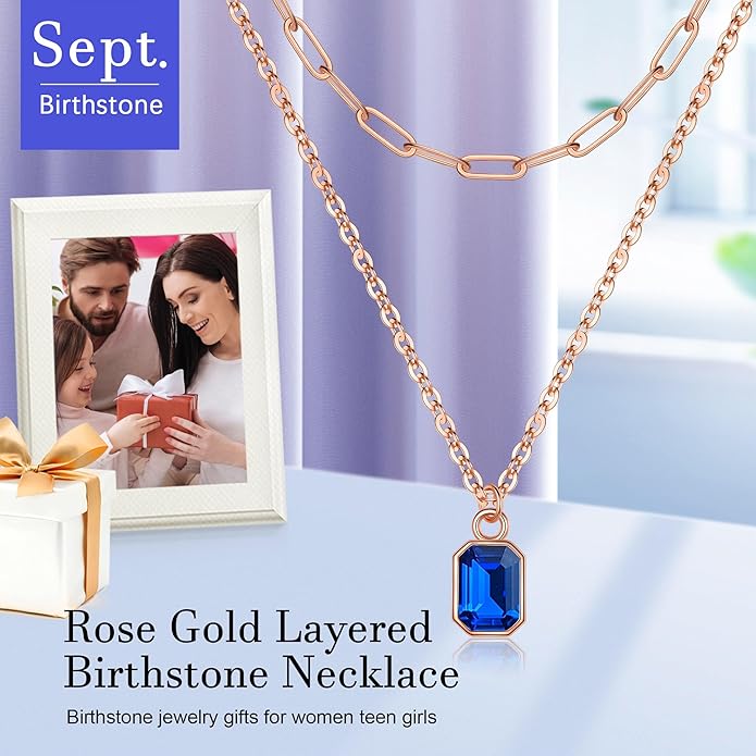 Layered Birthstone Necklace for Women Girls, 14K Gold-Plated Paperclip Chain Choker Necklace with Rectangle Birthstone Pendant Birthday Gifts for Women Girls Dainty Small