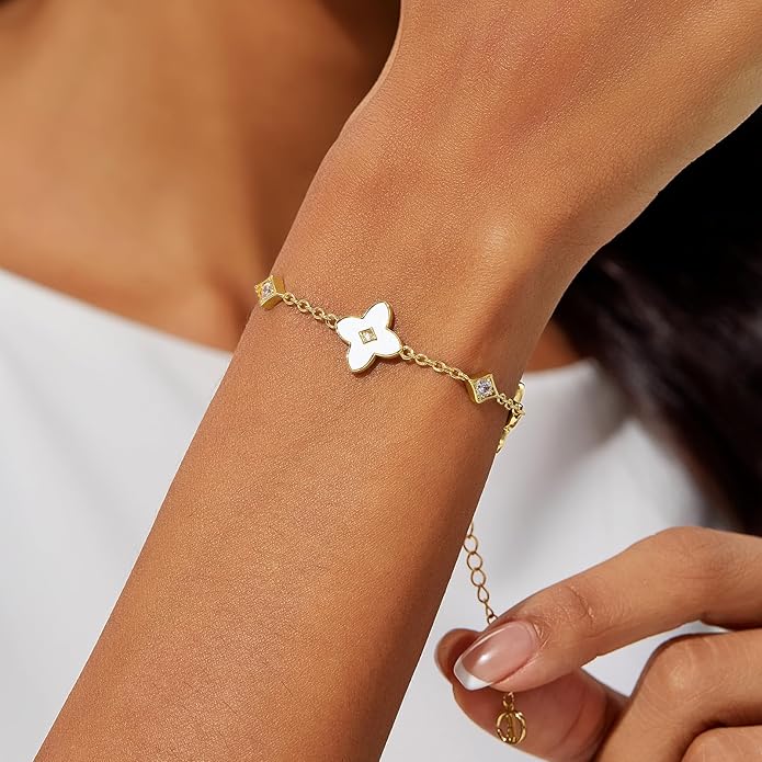 Cicy Bell Womens 18k Gold Plated White Shell Cubic Zirconia Square Cross Adjustable Chain Link Bracelets 6.69" with 2" Extender