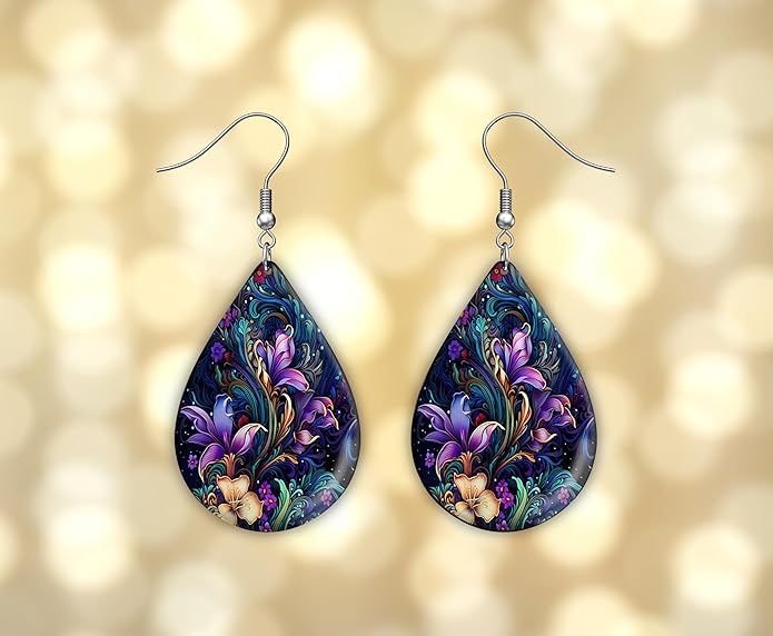 Teardrop Wood Earrings Light Weight Printed Image Dangle Jewelry, Fun and Funky Earrings