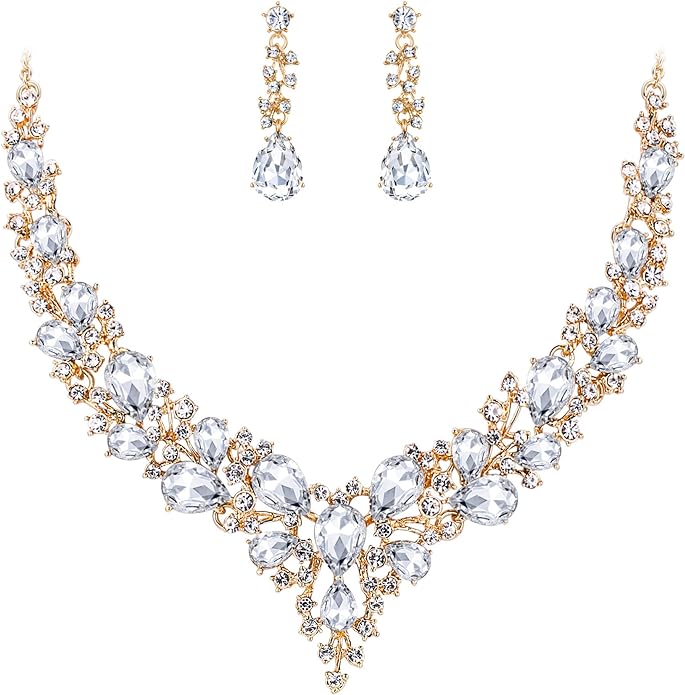 BriLove Women's Wedding Bridal Austrian Crystal Teardrop Cluster Statement Necklace Dangle Earrings Jewelry Set