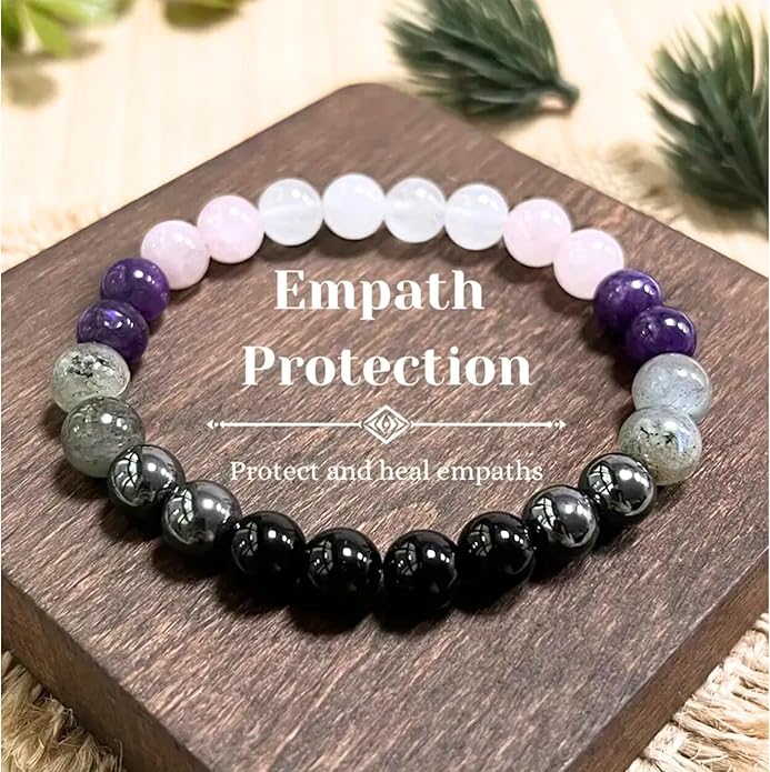 Valentines Days Gift Empath Protection Beaded Crystal Bracelet – Natural Stone Jewelry with Onyx, Amethyst, Labradorite, Rose Quartz & White Jade Easter Basket Christmas Baptism Birthday Healing Gifts